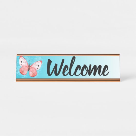 Office Receptionist Desk Welcome Butterfly Schreibtischnamensplakette (Vorderseite )