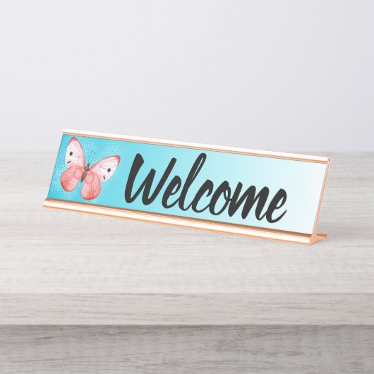 Office Receptionist Desk Welcome Butterfly Schreibtischnamensplakette (Vorderseite )