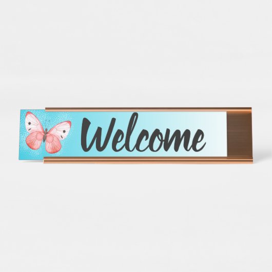 Office Receptionist Desk Welcome Butterfly Schreibtischnamensplakette (Vorderseite )