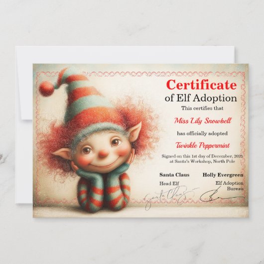 Official North Pole Elf Adoption Certificate Einladung (Vorderseite)