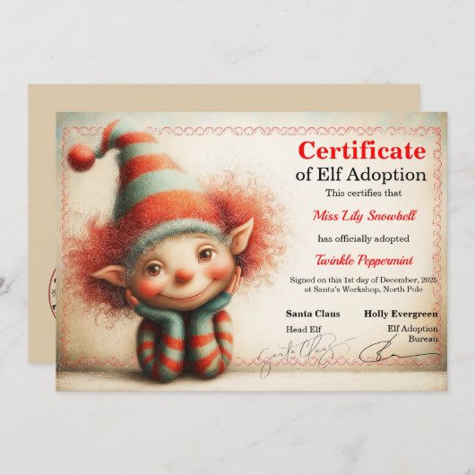 Official North Pole Elf Adoption Certificate  Einladung (Vorne/Hinten)