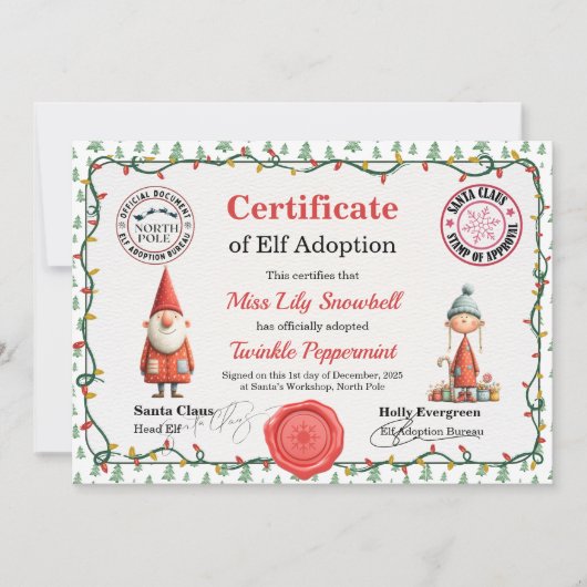 Official North Pole Elf Adoption Certificate Einladung (Vorderseite)
