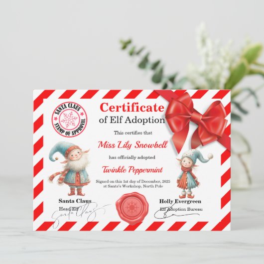 Official North Pole Elf Adoption Certificate Einladung (Stehend Vorderseite)