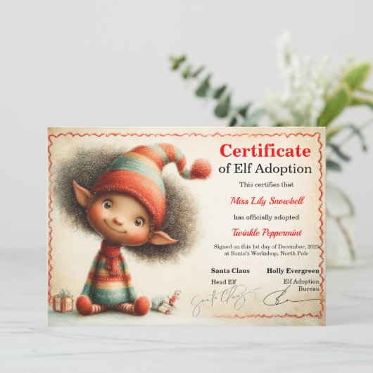 Official North Pole Elf Adoption Certificate  Einladung (Stehend Vorderseite)