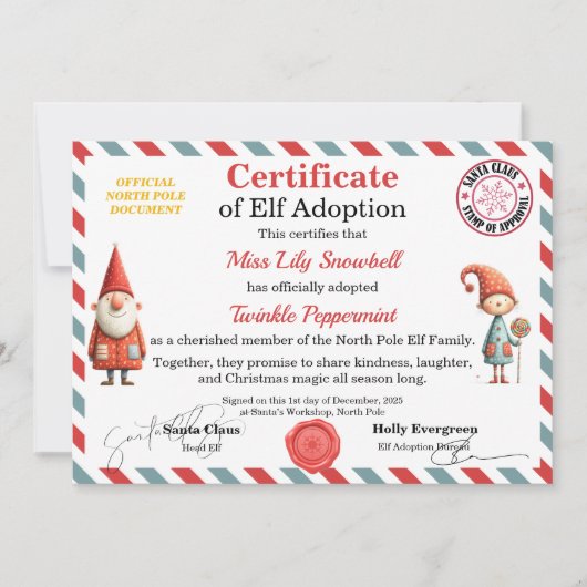 Official North Pole Elf Adoption Certificate Einladung (Vorderseite)