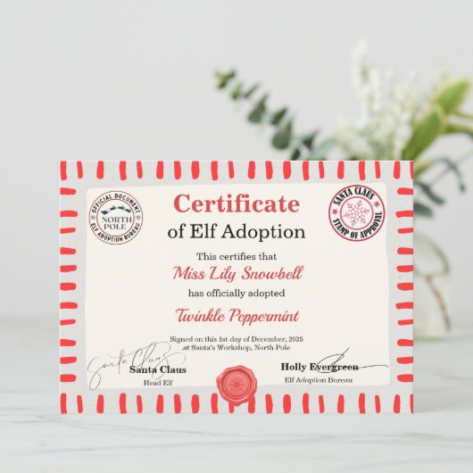 Official North Pole Elf Adoption Certificate  Einladung (Stehend Vorderseite)
