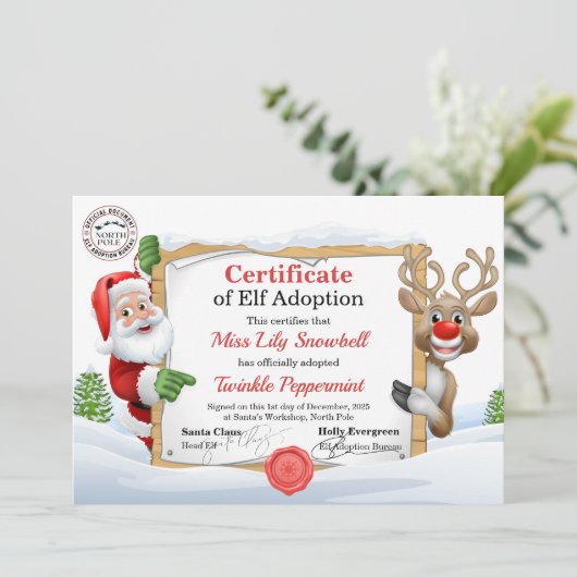 Official North Pole Elf Adoption Certificate  Einladung (Stehend Vorderseite)