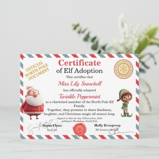 Official North Pole Elf Adoption Certificate Einladung (Stehend Vorderseite)