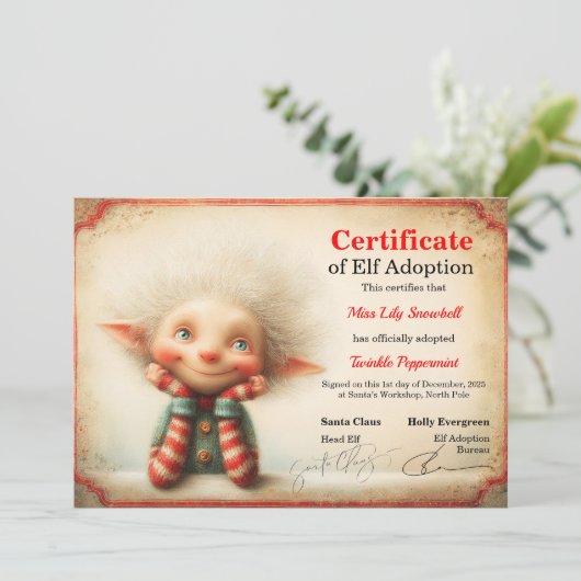 Official North Pole Elf Adoption Certificate Einladung (Stehend Vorderseite)