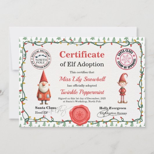Official North Pole Elf Adoption Certificate  Einladung (Vorderseite)