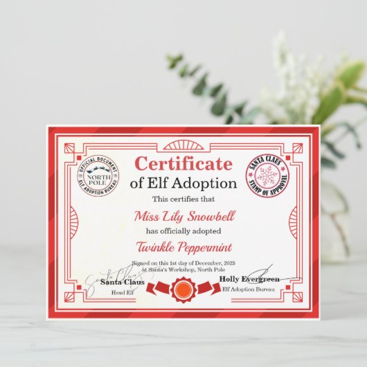 Official North Pole Elf Adoption Certificate  Einladung (Stehend Vorderseite)