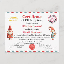 Official North Pole Elf Adoption Certificate  Postkarte