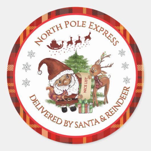 Official North Pole Express Santa Red Plaid Runder Aufkleber (Vorderseite)
