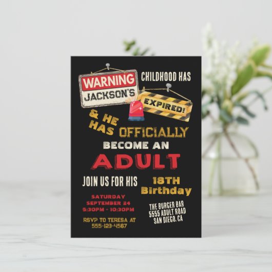 Officially an Adult Warning turning 18 Birthday Einladung (Stehend Vorderseite)
