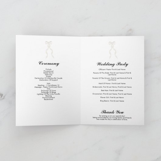 Offizielle White Bow Ribbon Wedding Order of Servi Programm (Innenseite)
