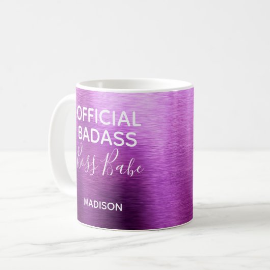 Offizieller Badass Boss Babe Metallic-Lila Name Kaffeetasse (Vorderseite Links)