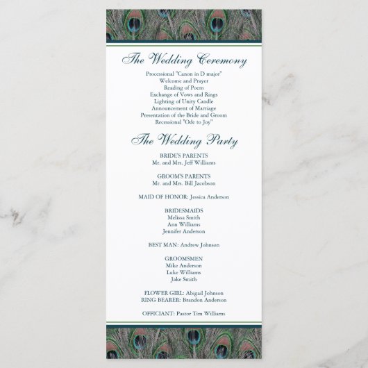 Offizielles Pfauenfeathers-Hochzeitsprogramm Programm (Rückseite)