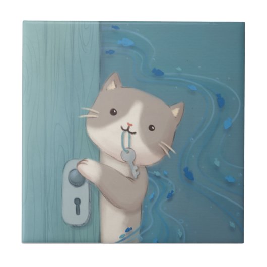 Öffnen: Katze mit Schlüssel Fliese (Vorderseite)
