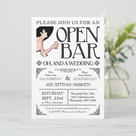 Öffnen Sie Bar und eine Hochzeits-Einladungen Einladung (Stehend Vorderseite)