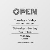 Öffnen von Geschäftszeiten Schwarzes Skript transp Fensteraufkleber (Blatt)