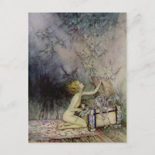 Öffnung der Büchse der Pandora Vintage-Kunstpostka Postkarte