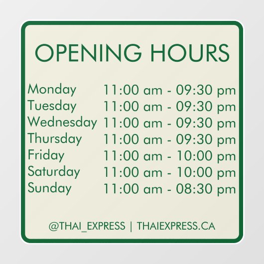 Öffnungszeiten - 30.5 x 30.5 - Englisch Window Cli Fensteraufkleber (Blatt)