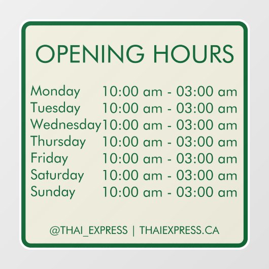 Öffnungszeiten - 4x4 - Englisch Fensteraufkleber (Blatt)