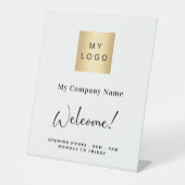 Öffnungszeiten des weißen Firmenlogos Sockelschild (Vorderseite)