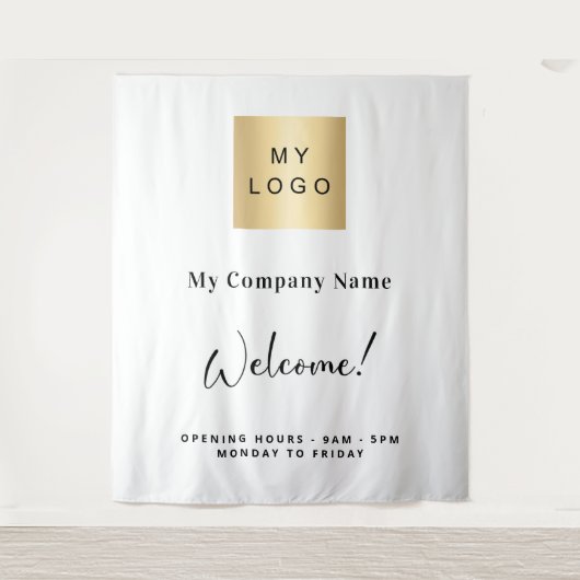 Öffnungszeiten des weißen Firmenlogos Wandteppich (Vorderseite)