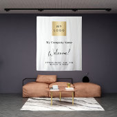 Öffnungszeiten des weißen Firmenlogos Wandteppich