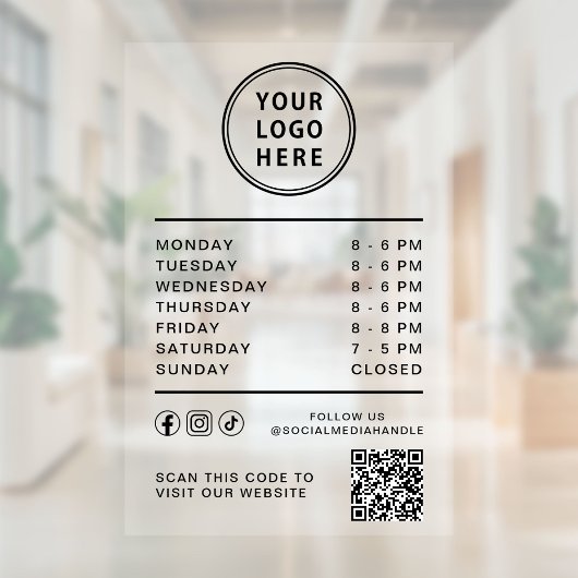 Öffnungszeiten Geschäft Logo Social Media QR Code Fensteraufkleber