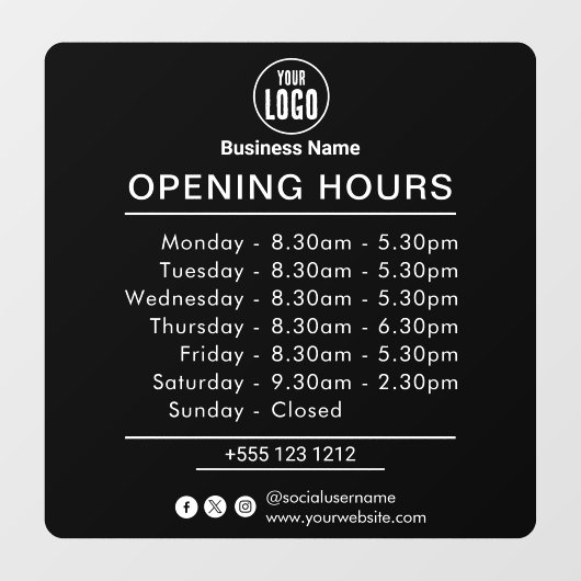 Öffnungszeiten | Geschäftsöffnungszeiten Schwarz Fensteraufkleber (Blatt)