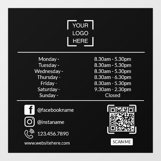 Öffnungszeiten mit eigenem QR-Code für Unternehmen Fensteraufkleber (Blatt)