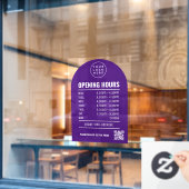 Öffnungszeiten mit Lila QR-Code-Logo Fensteraufkleber (Café-Fenster)