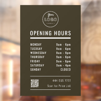 Öffnungszeiten mit Logo QR Code Braun Fensteraufkleber