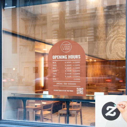 Öffnungszeiten mit QR-Code Logo Terracotta Arch Fensteraufkleber (Café-Fenster)