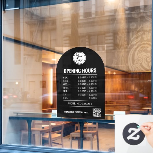 Öffnungszeiten mit QR-Code und schwarzer Pfeil Fensteraufkleber (Café-Fenster)