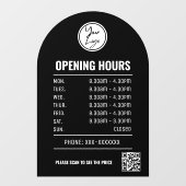 Öffnungszeiten mit QR-Code und schwarzer Pfeil Fensteraufkleber (Blatt)