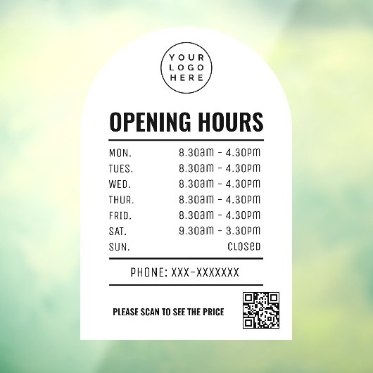 Öffnungszeiten mit weißem QR-Code-Logo Fensteraufkleber (Blatt 3)