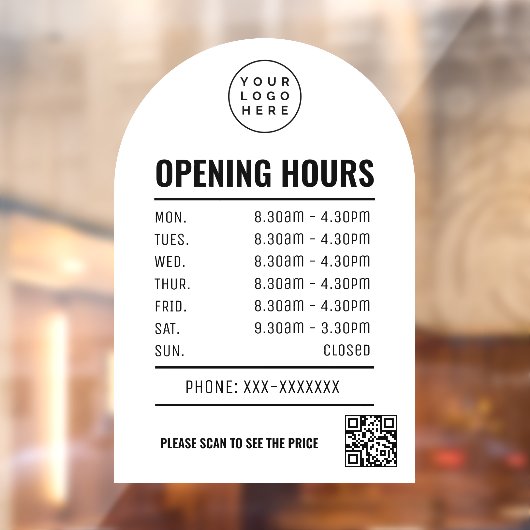 Öffnungszeiten mit weißem QR-Code-Logo Fensteraufkleber (Blatt 2)