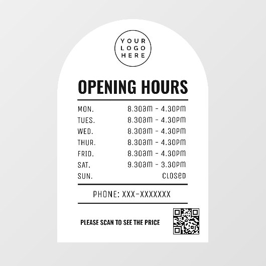 Öffnungszeiten mit weißem QR-Code-Logo Fensteraufkleber (Blatt)