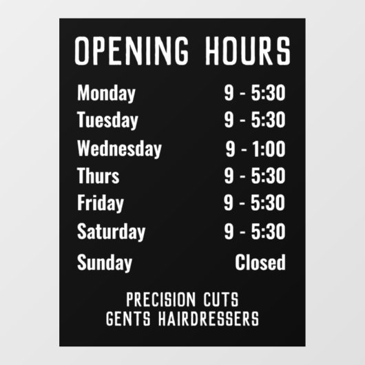 Öffnungszeiten oder Öffnungszeiten Fensteraufkleber (Blatt)