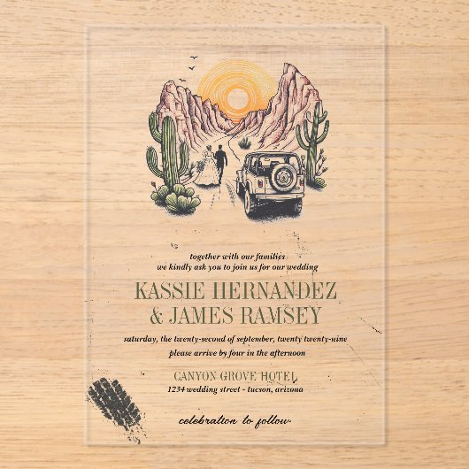 Offroad Canyon Couple Wedding Acryleinladungen (Vorderseite)