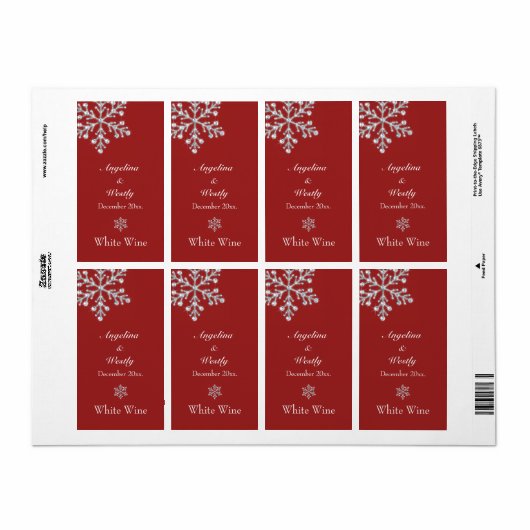 Offset Crystal Snowflake Wedding Wine Label (rot) (Vorne)