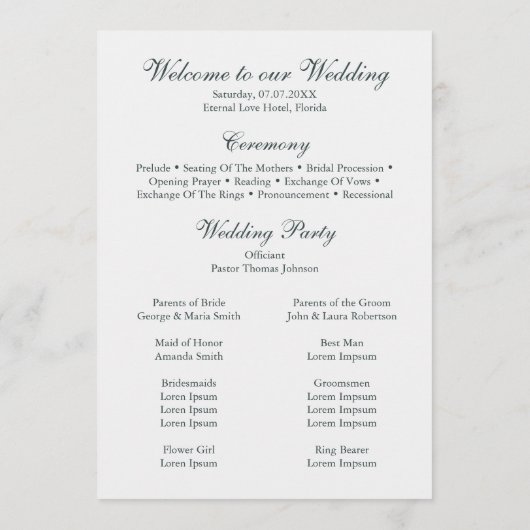 Offweiße und Aquamarine Hochzeitsfeier Programm (Rückseite)