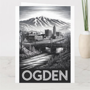 Ogden Utah Skyline Schwarz Weiß Holzschnitt Karte