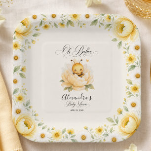 Oh Babee Bee Floral Gelbe Wasserfarbe Baby Shower Pappteller