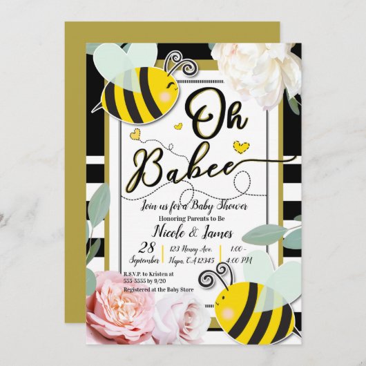 Oh BaBEE Bee Floral Yellow Gold Baby Dusche Einladung (Vorne/Hinten)