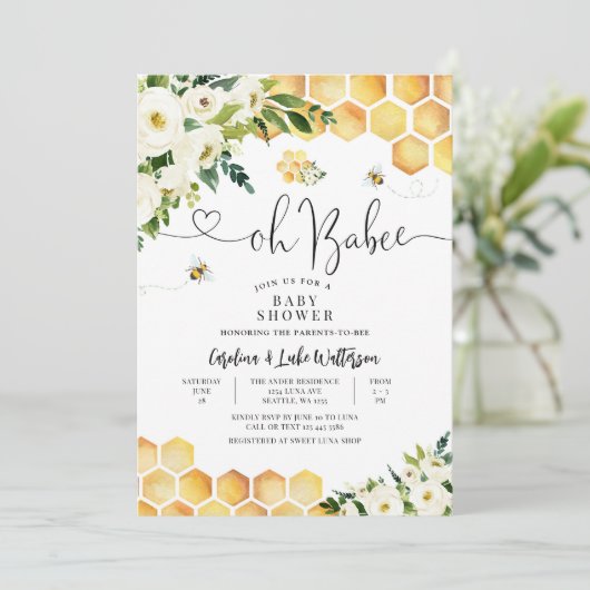 Oh Babee Gender Neutral Baby Dusche Einladung (Stehend Vorderseite)