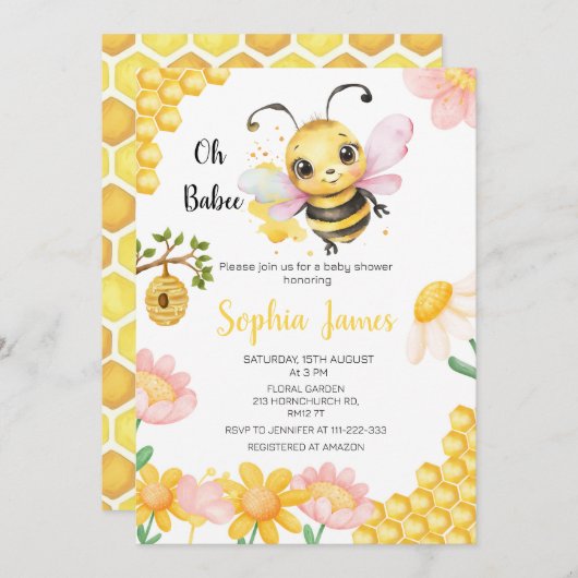 Oh Babee Honey bee Girl Baby Shower Einladung (Vorne/Hinten)